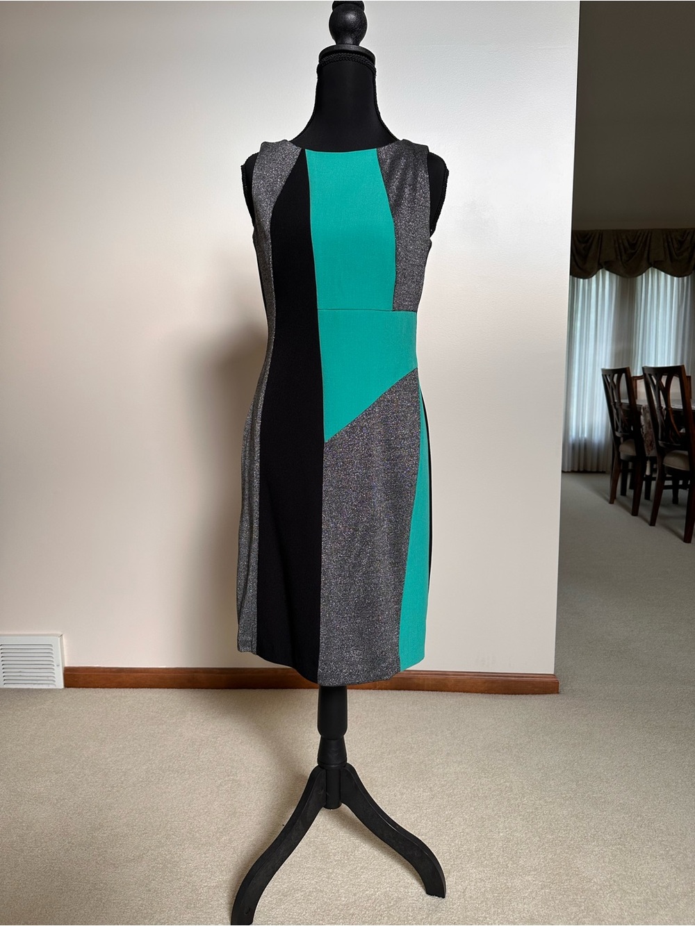 Gabby Skye Teal, Black & Silver Colorblock Midi Dress